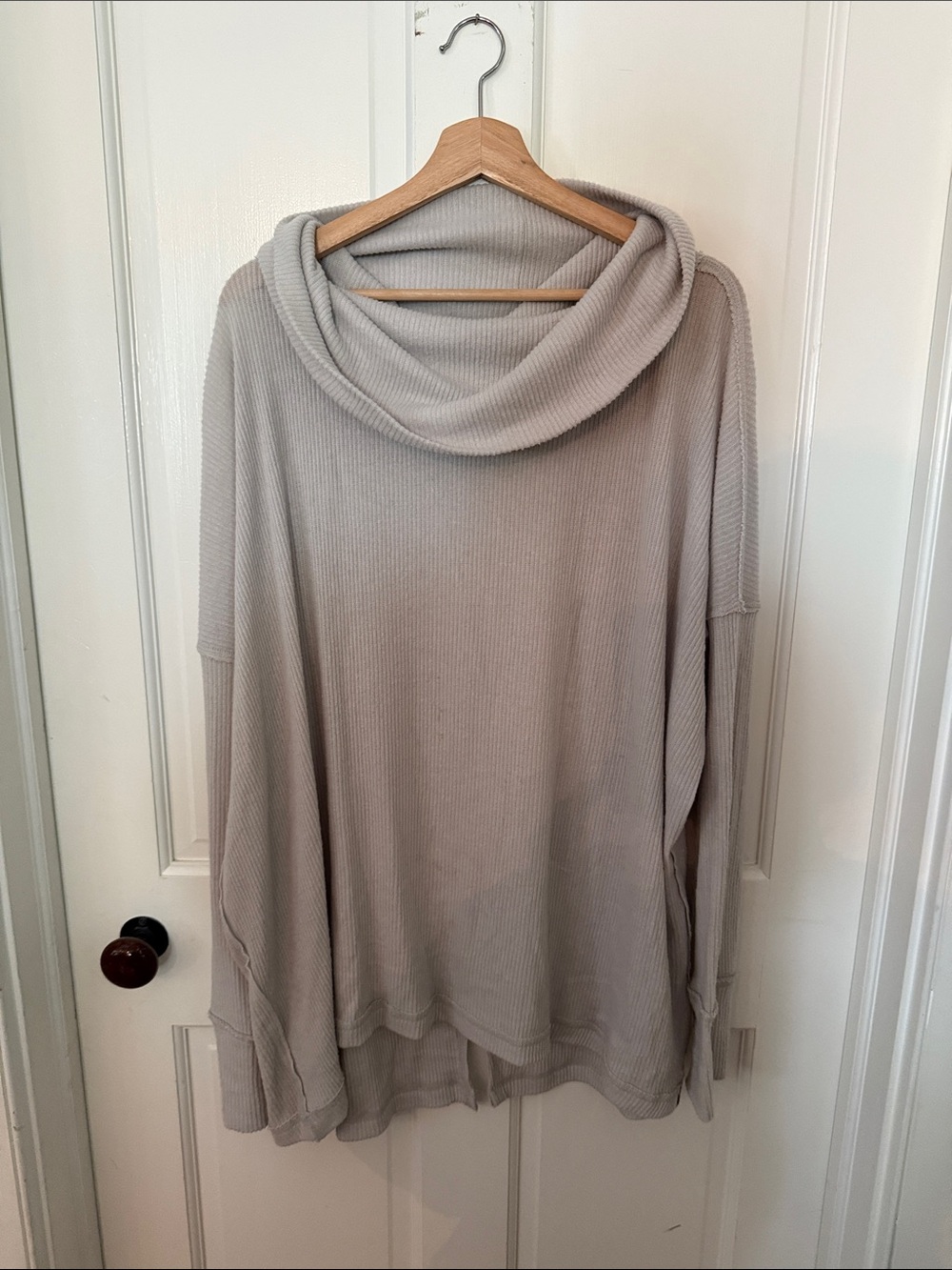 We The Free Light Taupe Ribbed Cowl Neck Sweater with Split Back
